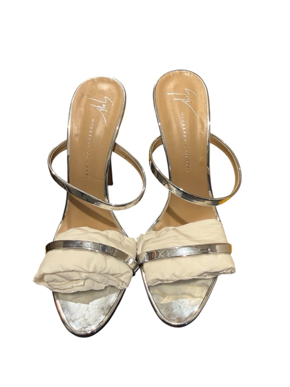 Giuseppe Zanotti Cream and Silver Padded Strap Heeled Slides
